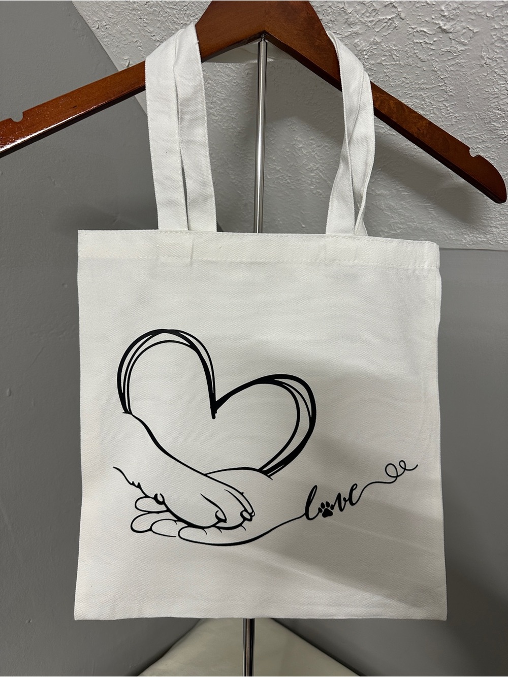 White Tote Bag with Heart, Paw & Hand Line Art